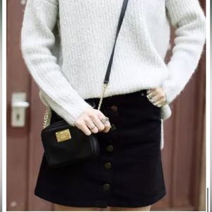 Rebecca Minkoff Selma Skirt Stretchy Black Ribbed‎ Gold Button Mini Skirt
